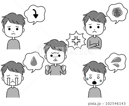吹き出し付きの男性のネガティブな感情表現イラスト　モノクロ 102546143