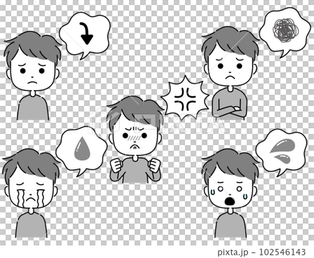 吹き出し付きの男性のネガティブな感情表現イラスト　モノクロ 102546143