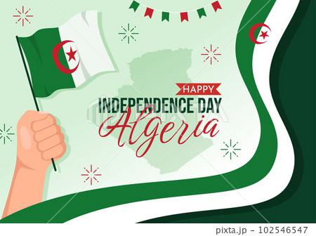 Happy Algeria Independence Day Vector Illustration with Waving Flag in Flat Cartoon Hand Drawn Landing Page Green Background Templates 102546547