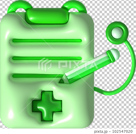 illustration 3d. checklist or patient history with stethoscope. Icon of patient treatment diagnosis information. 102547020