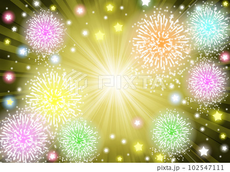 打ち上げ花火とカラフル星と爆発の黄色い絵 102547111