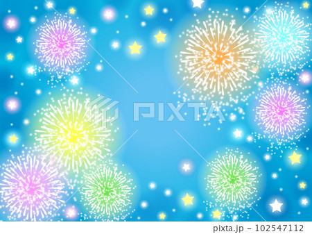 打ち上げ花火とカラフル星空の青い絵 打ち上げ花火とカラフル星空の青い絵 102547112