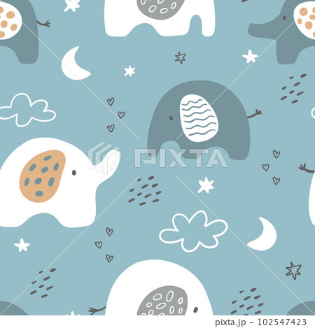 Vector hand-drawn colored childish seamless repeating simple flat pattern with elephants, moon and clouds in Scandinavian style on a white background. 102547423