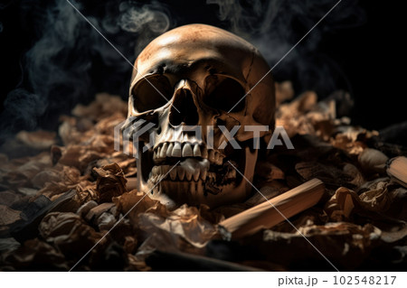 The striking image of a human skull surrounded by smoke and cigarettes, representing the fatal consequences of tobacco use on health, captured by AI Generative for medical and scientific purposes. The striking image of a human skull surrounded by smoke and cigarettes, representing the fatal consequences of tobacco use on health, captured by AI Generative for medical and scientific purposes. 102548217