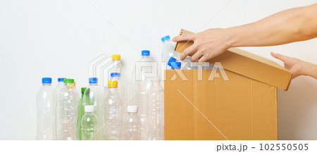 Volunteer keep plastic bottle into paper box at home or office. Hand Sorting Recycle garbage. Ecology, Environmental, pollution, Dispose recycling, waste management and trash Separation concept 102550505