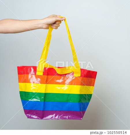 LGBT pride month concept or LGBTQ+ or LGBTQIA+ woman with Eco friendly bag with rainbow color LGBT pride month concept or LGBTQ+ or LGBTQIA+ woman with Eco friendly bag with rainbow color 102550514