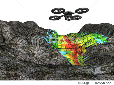 ドローンと地形、危険地帯などの3D測量、三次元測量データなどの3DCGイメージ(ワイヤーあり) 102550722