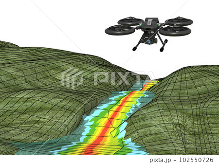 ドローンと河川の流れ、地形、危険地帯の三次元、3D測量データなどの3DCGイメージ(ワイヤーあり) ドローンと河川の流れ、地形、危険地帯の三次元、3D測量データなどの3DCGイメージ(ワイヤーあり) 102550726