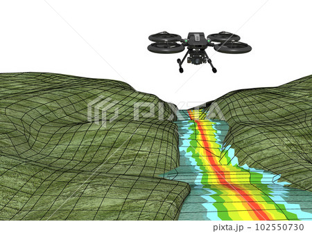 ドローンと河川の流れ、地形、危険地帯の三次元、3D測量データなどの3DCGイメージ(ワイヤーあり) 102550730
