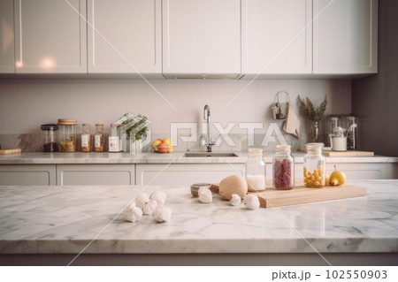 Sophisticated kitchen interior with a neutral and natural color palette, featuring a stylish marble countertop and comfortable wooden stools. AI Generative. 102550903