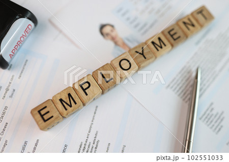 Word employment collected with wooden cubes, pen and stamp approved on employee cv 102551033