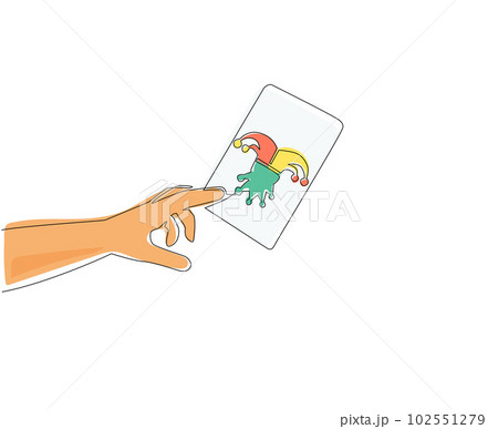 Continuous one line drawing hand holding joker card, poker playing card concept. Man hand holding Joker playing card. Game retro. Vintage engraving stylized drawing. Single line draw design vector 102551279