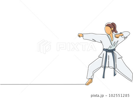 Continuous one line drawing young confident karateka woman in kimono practicing karate punch combat at dojo gym center. Mastering martial art sport concept. Single line draw design vector illustration Continuous one line drawing young confident karateka woman in kimono practicing karate punch combat at dojo gym center. Mastering martial art sport concept. Single line draw design vector illustration 102551285