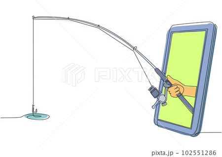 Continuous one line drawing fisherman hand holds fishing rod through mobile phone. Smartphone with app fishing games. Mobile sports stream championship. Single line draw design vector illustration Continuous one line drawing fisherman hand holds fishing rod through mobile phone. Smartphone with app fishing games. Mobile sports stream championship. Single line draw design vector illustration 102551286