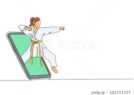 Continuous one line drawing karateka woman in kimono practicing karate punch getting out of smartphone screen. Mobile sports play matches. Online karate game mobile app. Single line draw design vector Continuous one line drawing karateka woman in kimono practicing karate punch getting out of smartphone screen. Mobile sports play matches. Online karate game mobile app. Single line draw design vector 102551337