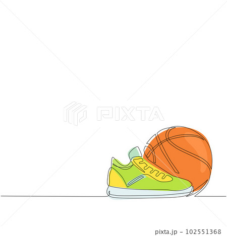 Continuous one line drawing basketball ball and shoes. Sport equipment. Basketball stuff. Competitive and competition game. Active and healthy lifestyle. Single line draw design vector illustration 102551368