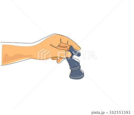 Continuous one line drawing player hand holds chess knight. Human hand holding chess knight piece for unpredictable, business strategy, strategic move concept. Single line design vector illustration 102551391