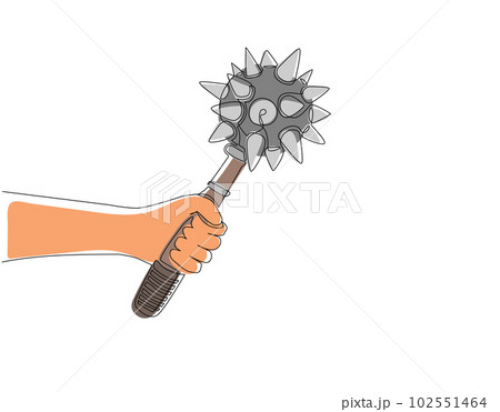 Single continuous line drawing hand holding mace weapon medieval. Military war warrior icon steel mace. Power game black iron. Heavy protection royal ball weapon. Dynamic one line draw design vector 102551464