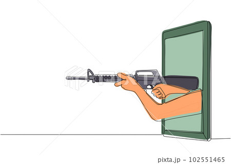 Single one line drawing hand holding M-16 assault rifle through mobile phone. Concept of battle video games, e-sport, entertainment application for smartphones. Continuous line design graphic vector 102551465