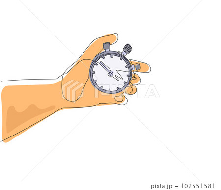 Single continuous line drawing human hand holding stopwatch. Arrow, clock, meter. Measurement and time management concept for banner, website design or landing web page. One line draw design vector 102551581