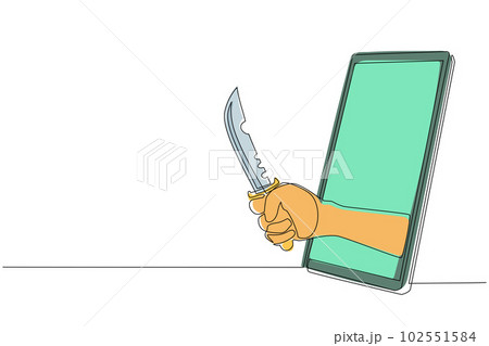 Continuous one line drawing hand hold military combat knife through mobile phone. Concept of mobile games, e-sport, entertainment application for smartphones. Single line draw design vector graphic 102551584