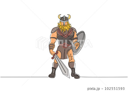 Single continuous line drawing man warrior viking in horned helmet holding sword and shield. Cartoon character male with weapon standing in belligerent pose. One line draw design vector illustration Single continuous line drawing man warrior viking in horned helmet holding sword and shield. Cartoon character male with weapon standing in belligerent pose. One line draw design vector illustration 102551593