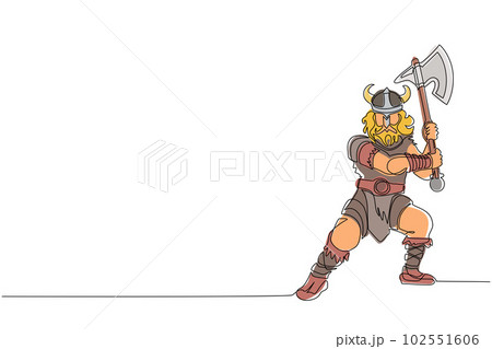 Single continuous line drawing viking warrior mascot swinging axe. Viking swing attack with axe. Viking warrior raider barbarian with horned helmet swinging battle axe. One line draw design vector 102551606
