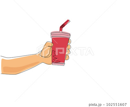 Single one line drawing hand hold paper cup. Male hand holding paper cup with straw on white background. For restaurant or cafe drink menu. Modern continuous line draw design vector illustration 102551607