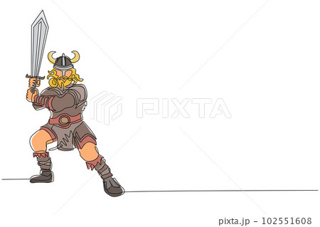 Continuous one line drawing viking warrior mascot swinging sword. Viking swing attack with sword. Viking barbarian with horned helmet swinging battle sword. Single line draw design vector illustration 102551608