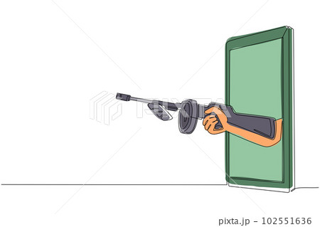 Single continuous line drawing hand holding Thompson submachine gun through mobile phone. Concept of mafia video games, e-sport, entertainment application for smartphones. One line draw design vector Single continuous line drawing hand holding Thompson submachine gun through mobile phone. Concept of mafia video games, e-sport, entertainment application for smartphones. One line draw design vector 102551636