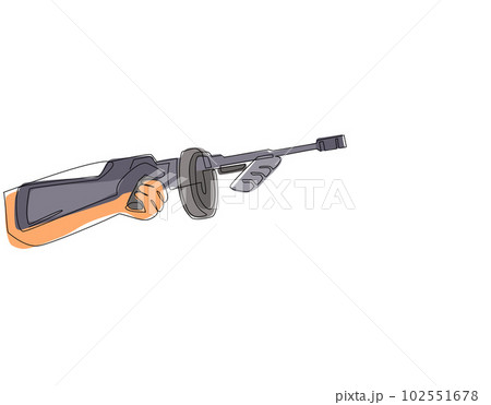 Continuous one line drawing hand holding tommy gun. Thompson submachine gun weapon. Mafia or gangster submachine gun. Emblem icon for e-sport team. Single line draw design vector graphic illustration 102551678