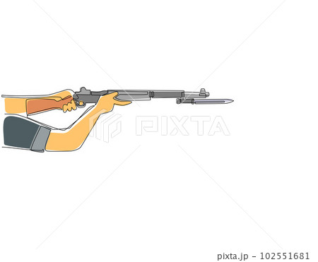Continuous one line drawing hand holding M1 garand semi-automatic rifle with knife bayonet. British military action rifle with attached bayonet. Single line draw design vector graphic illustration Continuous one line drawing hand holding M1 garand semi-automatic rifle with knife bayonet. British military action rifle with attached bayonet. Single line draw design vector graphic illustration 102551681