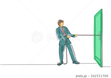 Single continuous line drawing businessman pulling rope to drag door, metaphor to facing big problem. Business struggles. Strength for success. Dynamic one line draw graphic design vector illustration 102551709