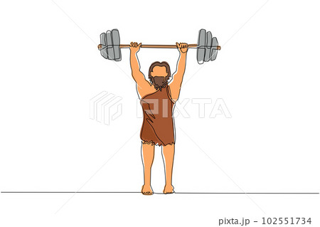 Continuous one line drawing prehistoric man as weightlifter lifting barbell. Young man from the stone age. man keeping fit by weight lifting. Single line draw design vector graphic illustration 102551734