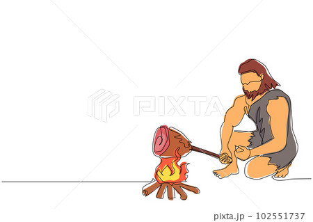 Continuous one line drawing prehistoric man sitting and cooking meat on bonfire. Caveman kneeling and cooking meat food on campfire. Ancient human. Single line draw design vector graphic illustration 102551737