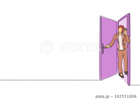 Single one line drawing businesswoman looking from behind open door. Woman peeking of door and wave hands. Cheerful female standing in doorway. Continuous line draw design graphic vector illustration 102551806