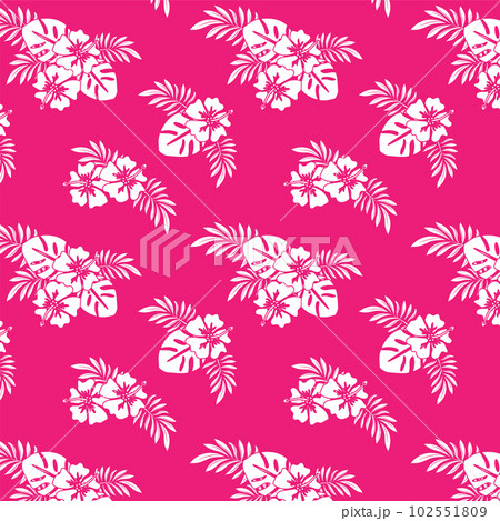 南国のお花ハイビスカスとモンステラ、アレカヤシのシームレス背景 102551809