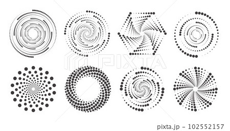 Dotted circles pattern. Abstract half tone graphic set. Circular textured round spiral frames. Vector swirl geometric rings with gradation. 102552157