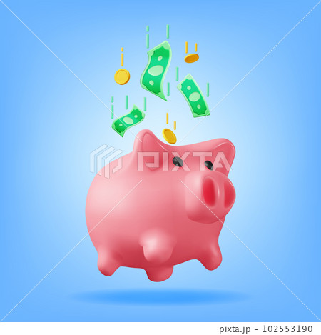 3D Piggy Bank with Coins and Banknotes 102553190