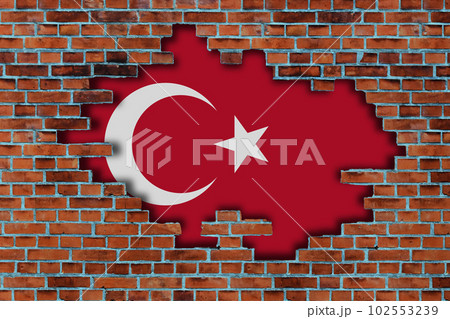 3D Flag of Turkiye behind the broken old stone wall background. 102553239