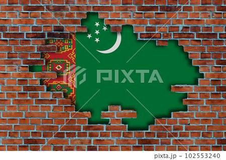3D Flag of Turkmenistan behind the broken old stone wall background. 3D Flag of Turkmenistan behind the broken old stone wall background. 102553240