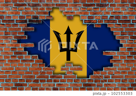 3D Flag of Barbados behind the broken old stone wall background. 3D Flag of Barbados behind the broken old stone wall background. 102553303