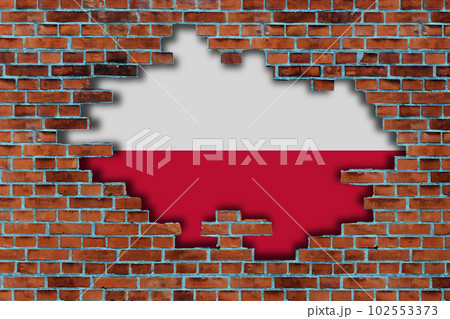 3D Flag of Poland behind the broken old stone wall background. 3D Flag of Poland behind the broken old stone wall background. 102553373