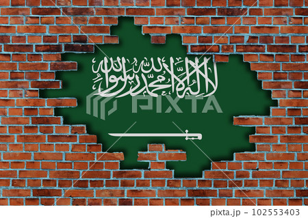 3D Flag of Saudi Arabia behind the broken old stone wall background. 3D Flag of Saudi Arabia behind the broken old stone wall background. 102553403