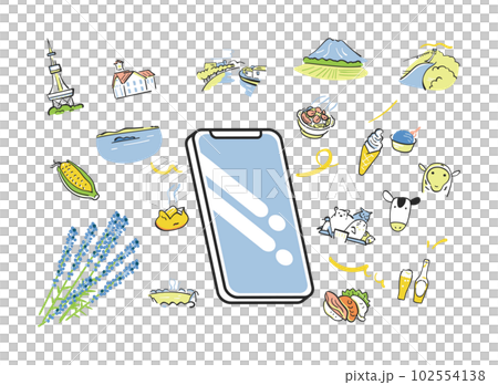 在您的智能手機上搜索北海道旅遊信息並獲取信息設置插圖素材 在您的智能手機上搜索北海道旅遊信息並獲取信息設置插圖素材 102554138