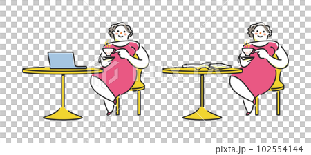 カフェでPCまたは本で案内を検索している外国人旅行客の女性　セット　イラスト素材 102554144