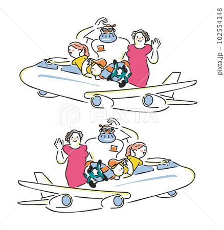 飛行機に搭乗している笑顔の家族連れ外国人旅行客　インバウンド　セット　イラスト素材 102554148