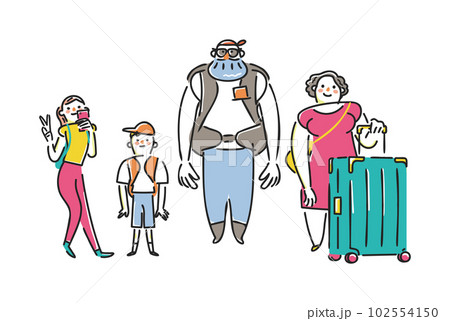 大きな荷物を持った外国人旅行客　インバウンド　　セット　イラスト素材 102554150