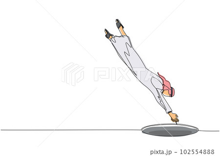 Single one line drawing Arabian businessman jump into hole. Concept of failure to take advantage of business opportunities. Depressed and business failure concept. Continuous line draw design vector 102554888