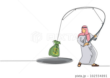 Single continuous line drawing Arabian businessman holding fishing rod got big money bag from hole. Man catching money bag with fishing rod. Business concept. One line draw design vector illustration 102554891